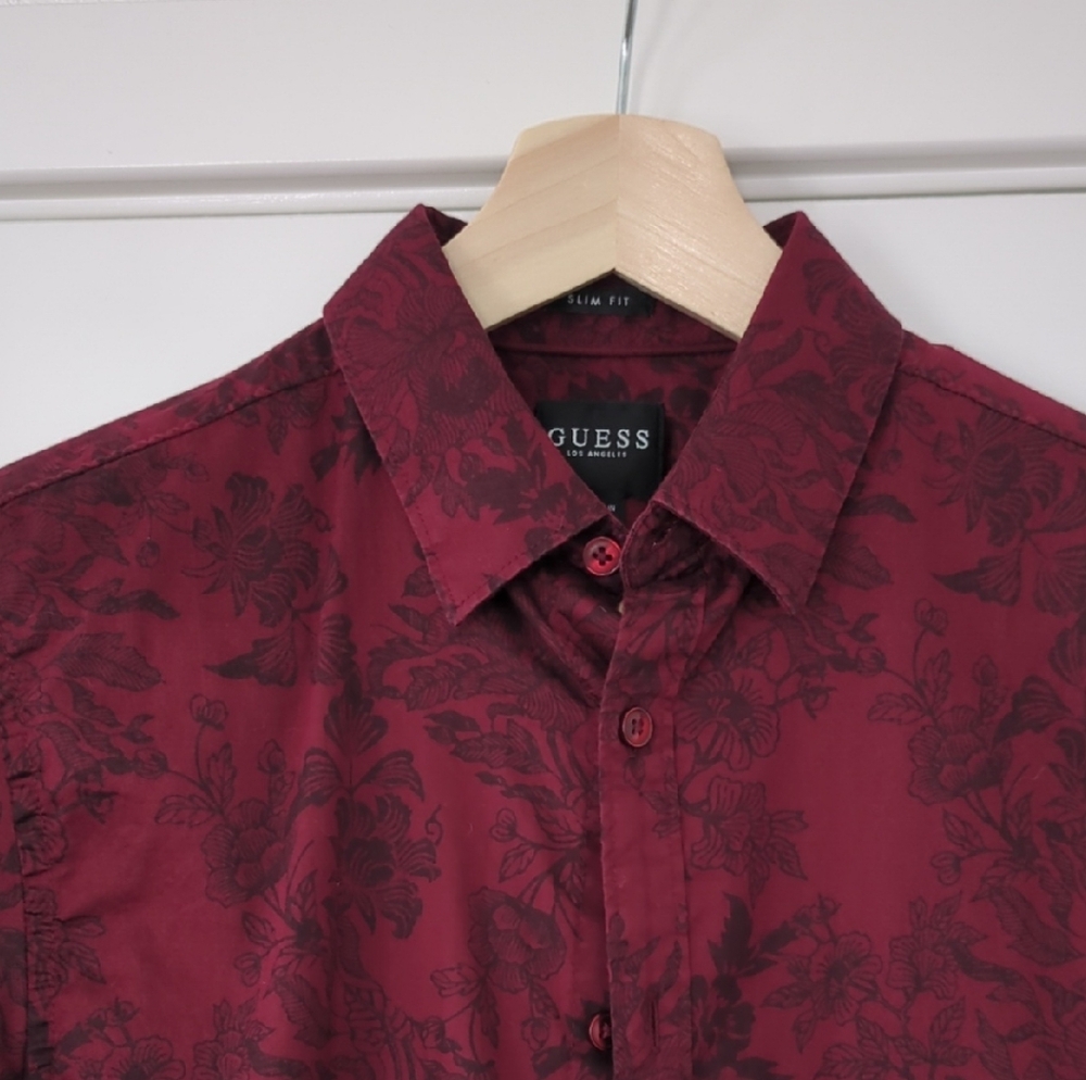 Guess Men's Burgundy Floral Button Down Shirt